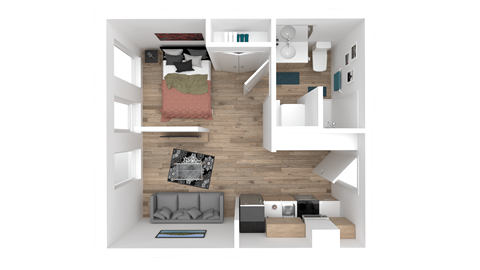 a 3d floor plan of a house with a bedroom and a living room