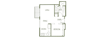 A floor plan of a small apartment with a living room, dining room, kitchen, and bedroom.