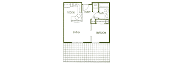 A floor plan of a small apartment with a kitchen, living room, and bedroom.