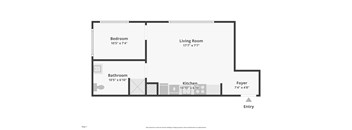 A floor plan of a room with a bedroom, living room, bathroom, kitchen, and foyer.