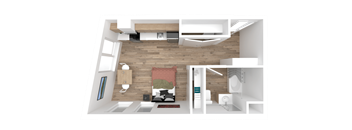 a 3d rendering of a bedroom with a bathroom and a living room