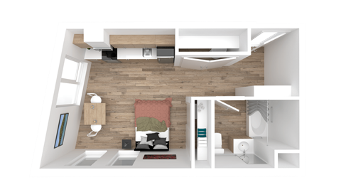 a 3d rendering of a bedroom with a bathroom and a living room