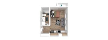 a 3d floor plan of a small apartment