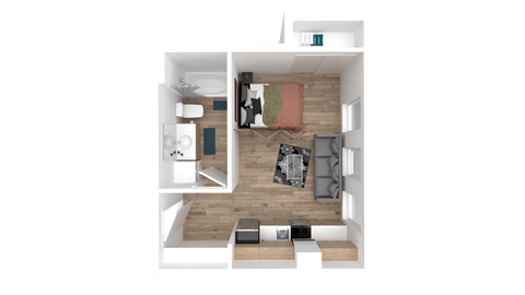 a 3d floor plan of a small apartment