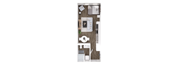 A top-down view of a small apartment with a bed, desk, and kitchenette.