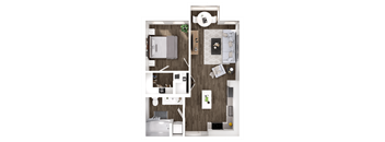 A top-down view of a small apartment with a bedroom, living room, and kitchen.