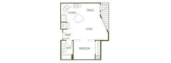 A floor plan of a small apartment with a kitchen, dining area, living room, and bathroom.