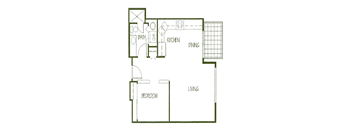 A floor plan of a living space with a bedroom, kitchen, and dining area.