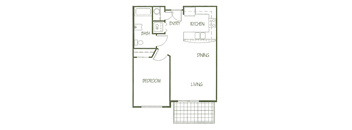 A floor plan of a living space with a bedroom, kitchen, and bathroom.