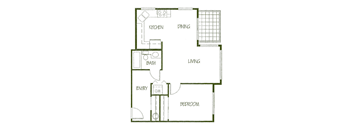 A floor plan of a living space with a kitchen, dining area, and bedroom.