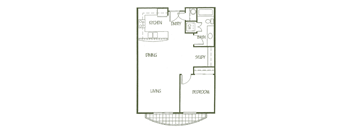 A floor plan of a house with a kitchen, dining room, living room, study, bathroom and bedroom.