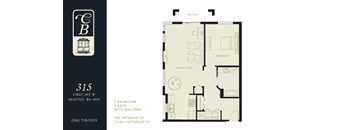 A floor plan of an apartment with a living room, bedroom, and bathroom.