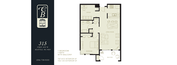A floor plan of a one bedroom apartment with a balcony.