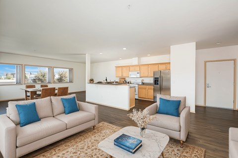 A living room with a couch, a coffee table, and a kitchen in the background.