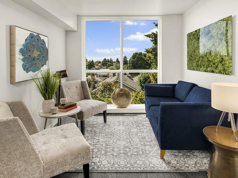 a living room with a blue couch and a window