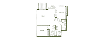 A floor plan of a house with two bedrooms, a living room, a bathroom, and a kitchen.