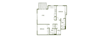 A floor plan of a house with two bedrooms, a living room, a bathroom, and an entryway.