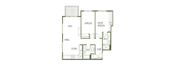 A floor plan of a house with a living room, dining room, kitchen, two bedrooms, a bathroom, and an entry way.