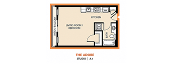 a floor plan of a studio apartment with a bedroom and living room