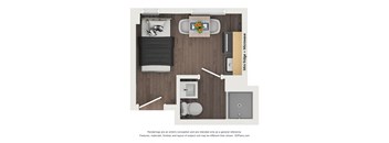 a stylized floor plan of a studio apartment with a bedroom and living room