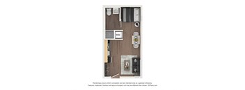 a floorplan of a studio apartment with a bedroom and a living room
