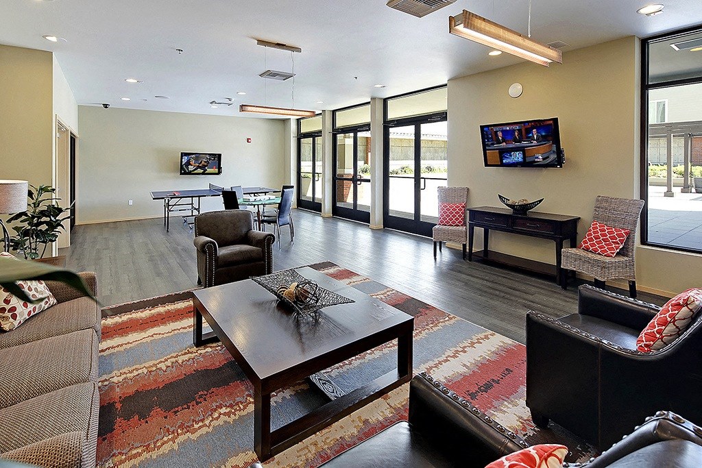 a living room with couches and chairs and a television