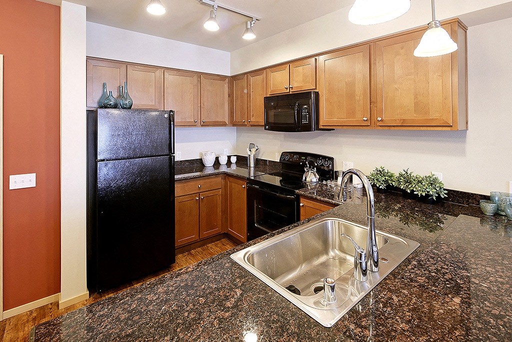 a kitchen with a sink and a black refrigerator