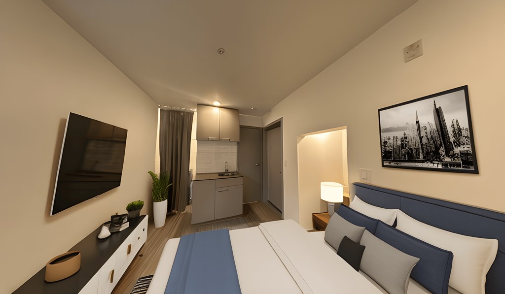 a rendering of a bedroom with a bed and a tv