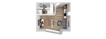 a 3d floor plan of a house with a bedroom and a living room