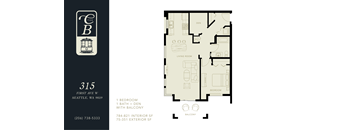 A floor plan for a 315 square foot apartment with one bedroom, one bath, and balcony.