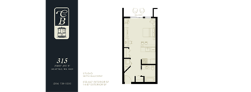A floor plan of a studio apartment with a balcony is shown.