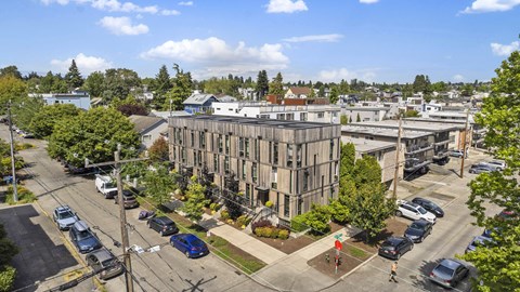 an aerial view of a building in a city