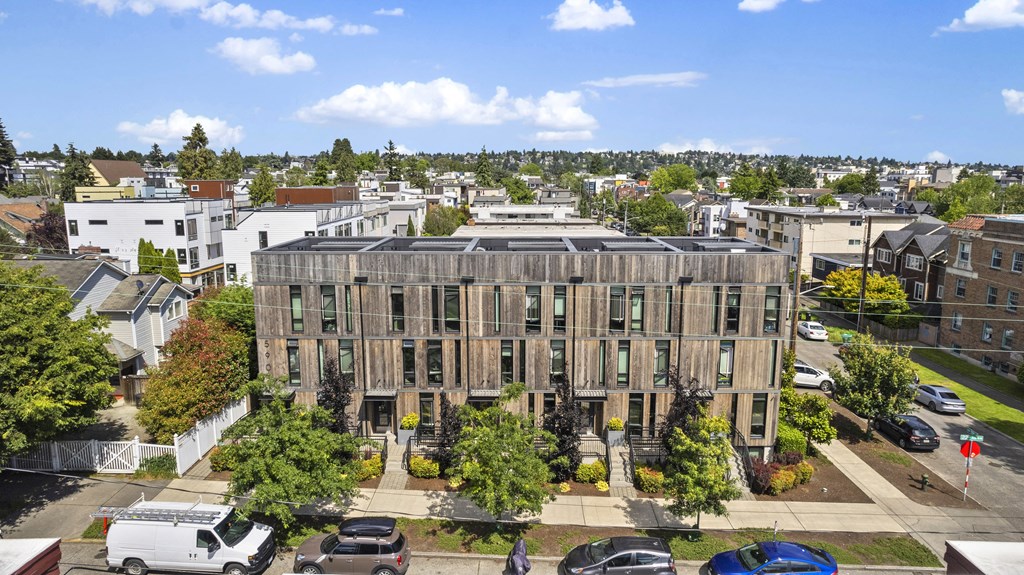 an aerial view of a building in a city