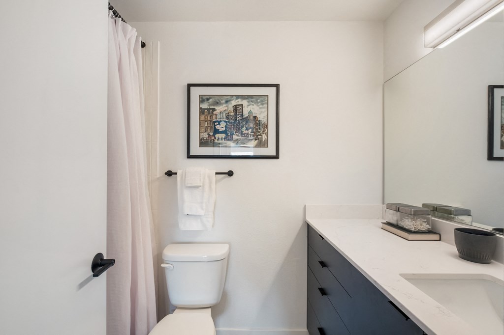 a bathroom with a white toilet next to a sink with a mirror above it