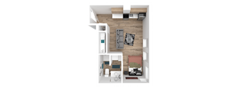 a 3d rendered floor plan of a 1 bedroom apartment