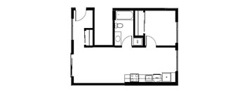 A black and white image of a floor plan with a kitchen, living room, and bathroom.