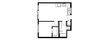 A black and white image of a floor plan with a kitchen, living room, and bathroom.