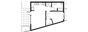 A black and white floor plan of a house with a kitchen, living room, and bathroom.
