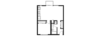 A floor plan of a house with a kitchen, living room, and bathroom.