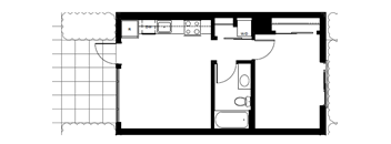 A floor plan of a house with a kitchen, living room, and two bedrooms.