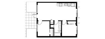 A floor plan of a house with a kitchen, living room, and bathroom.