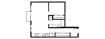 A floor plan of a house with a kitchen, living room, and two bedrooms.
