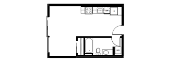 A floor plan of a room with a kitchen area and a bathroom.