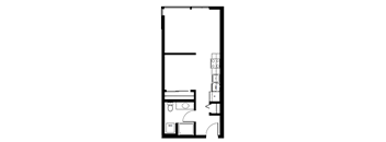 A floor plan of a room with a kitchen area and a bathroom.