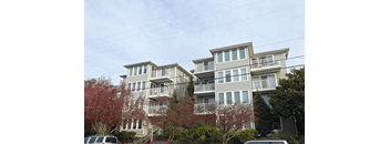 a row of apartment buildings with trees in front of them