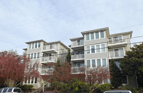 a row of apartment buildings with trees in front of them