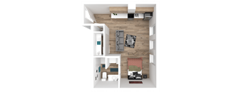 a 3d floor plan of a house with a bedroom and a living room