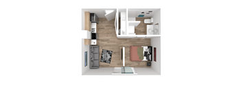 a 3d floor plan of a house with a bedroom and a living room