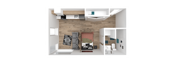 a 3d rendering of a bedroom with a wood wall