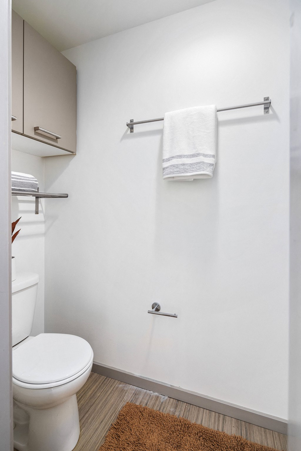 a bathroom with a toilet and a towel rack and a shower